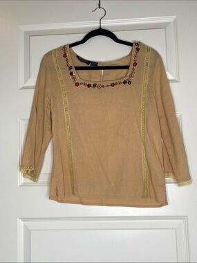 Vintage Y2K Embroidered Scoop-Neck Women's Blouse - Beige